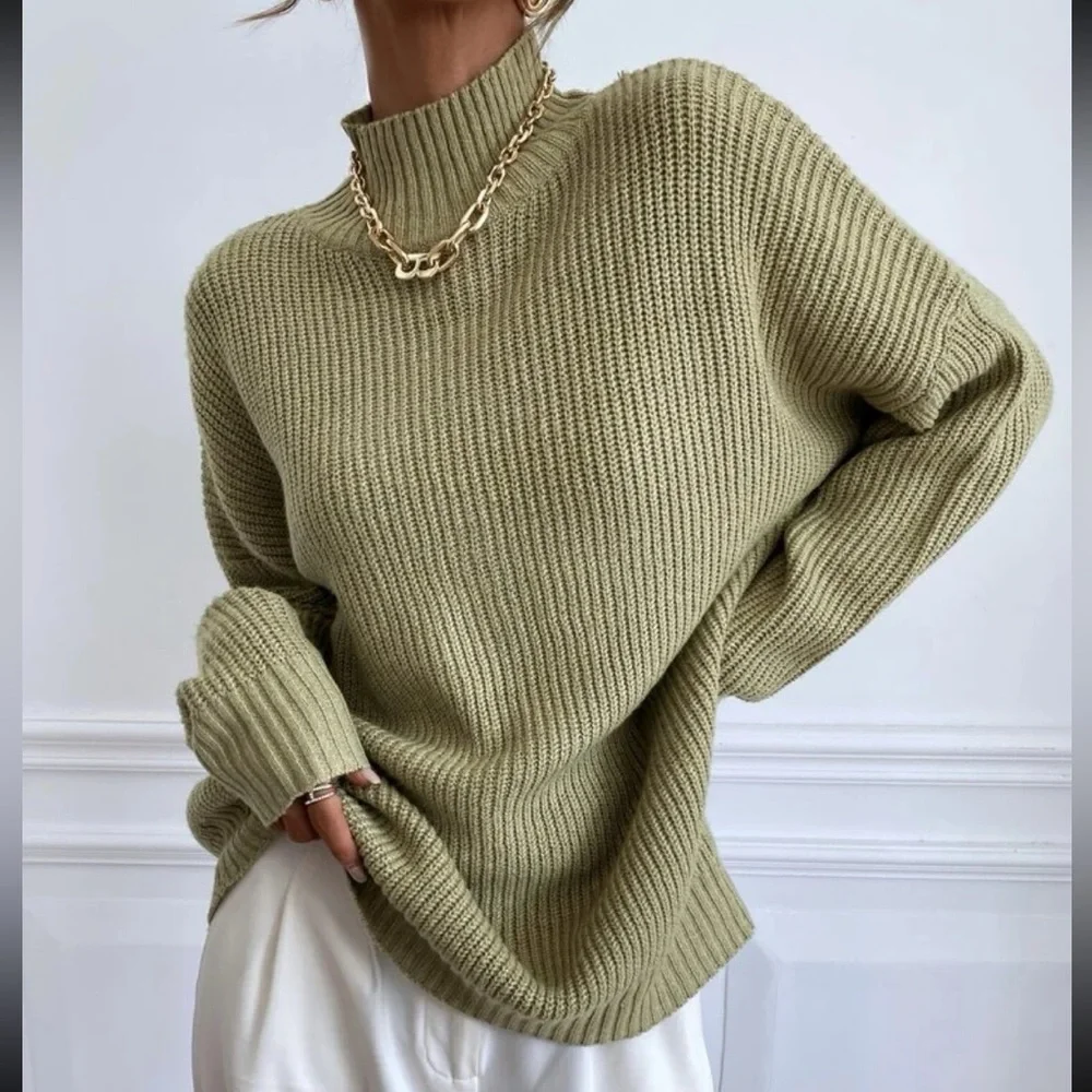 Cozy Oversized Mock Neck Long Sleeve Ribbed Knit Sweater Top - Picture 4 of 6